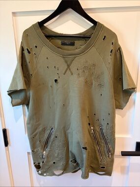 AMIRI Olive Distressed Short-Sleeve Tee with zipped pockets